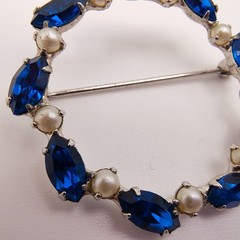 Vintage B. David Wreath Brooch Silver Tone Faux Pearl Blue Rhinestone Signed MCM