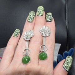 Soviet VTG old Ukraine earrings Sterling SILVER 925 stone green nephritis