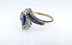 10K Gold Bypass Ring w Blue Sapphire & Channel Set Stones & Diamond Accents Sz 7