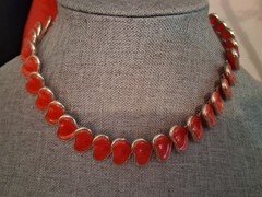 Vintage red celluloid stylized leaf abstract necklace, 16″, articulated