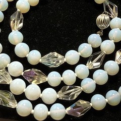 Necklace 34” Milk glass Geometric Crystal Sterling 9mm Ball Clasp Vintage Summer