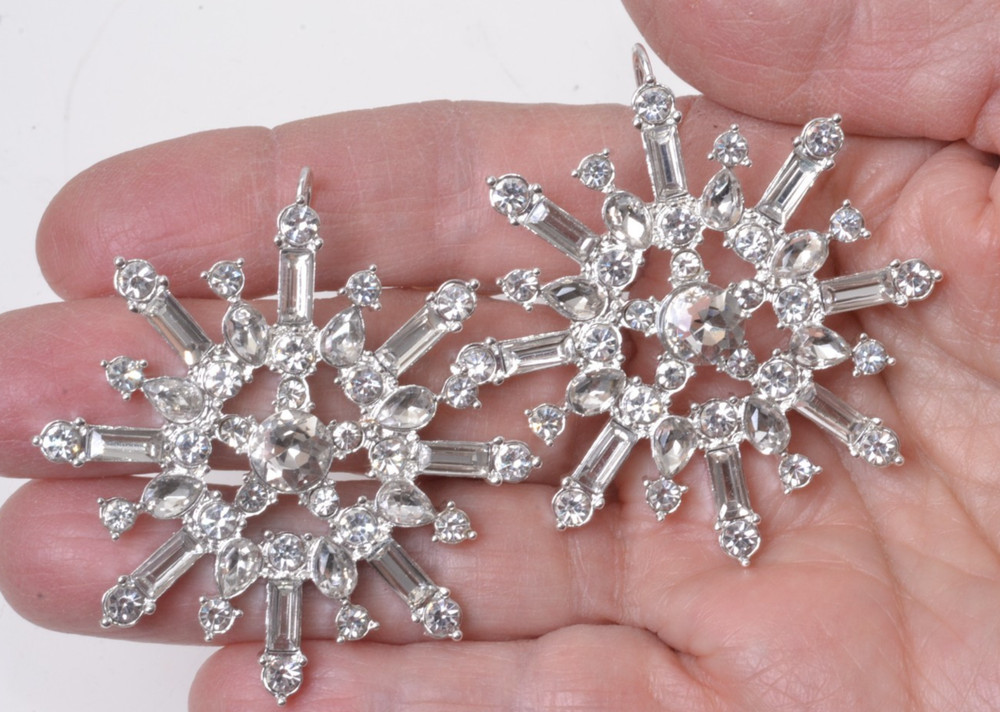 Large HHH Snowflake Rhinestone Earrings Silver Tone Pierced 2″ Diameter