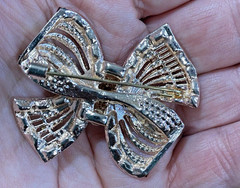 Rose Gold tone, BOW BROOCH PIN, Bezel Baguette Smoke Topaz Rhinestone & Crystals
