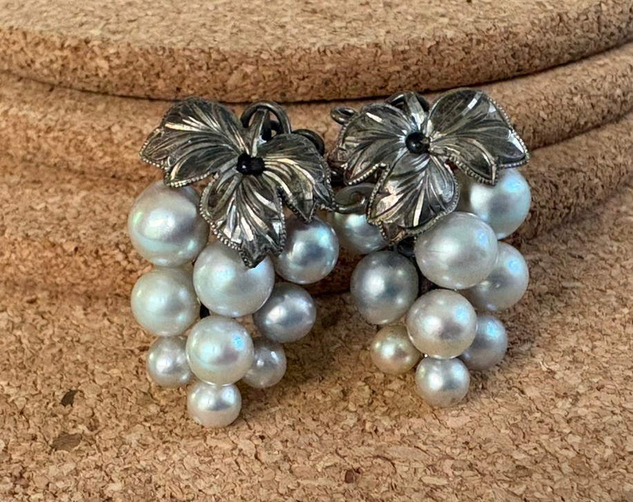 Grape Akoya Cultured Saltwater Pearl Sterling Silver Screwback Vintage Earrings