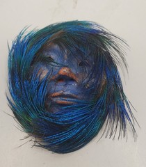 3 Brooches: Tribal Peacock Feather Clay Mask, RITZ Pewter Face, Bar W/ Charms