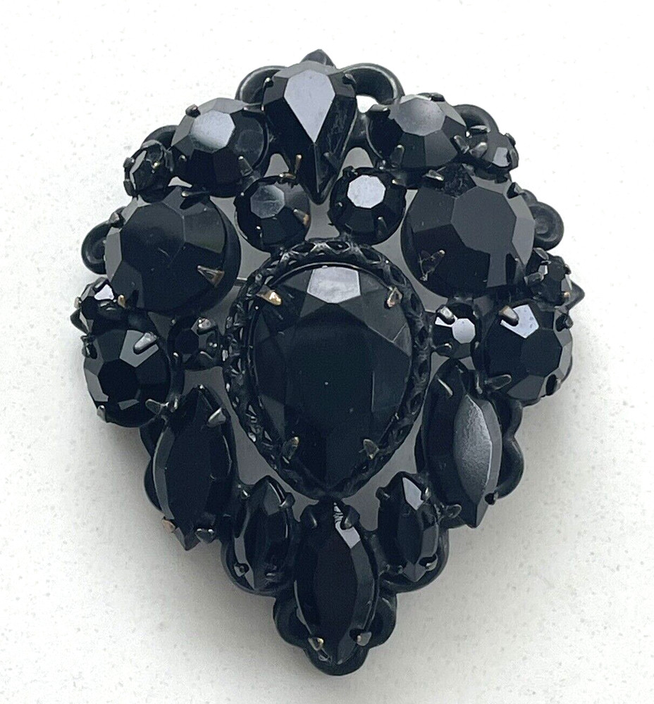 Vintage Regency Signed Japaned Jet Black Teardrop Rhinestone Pin Brooch