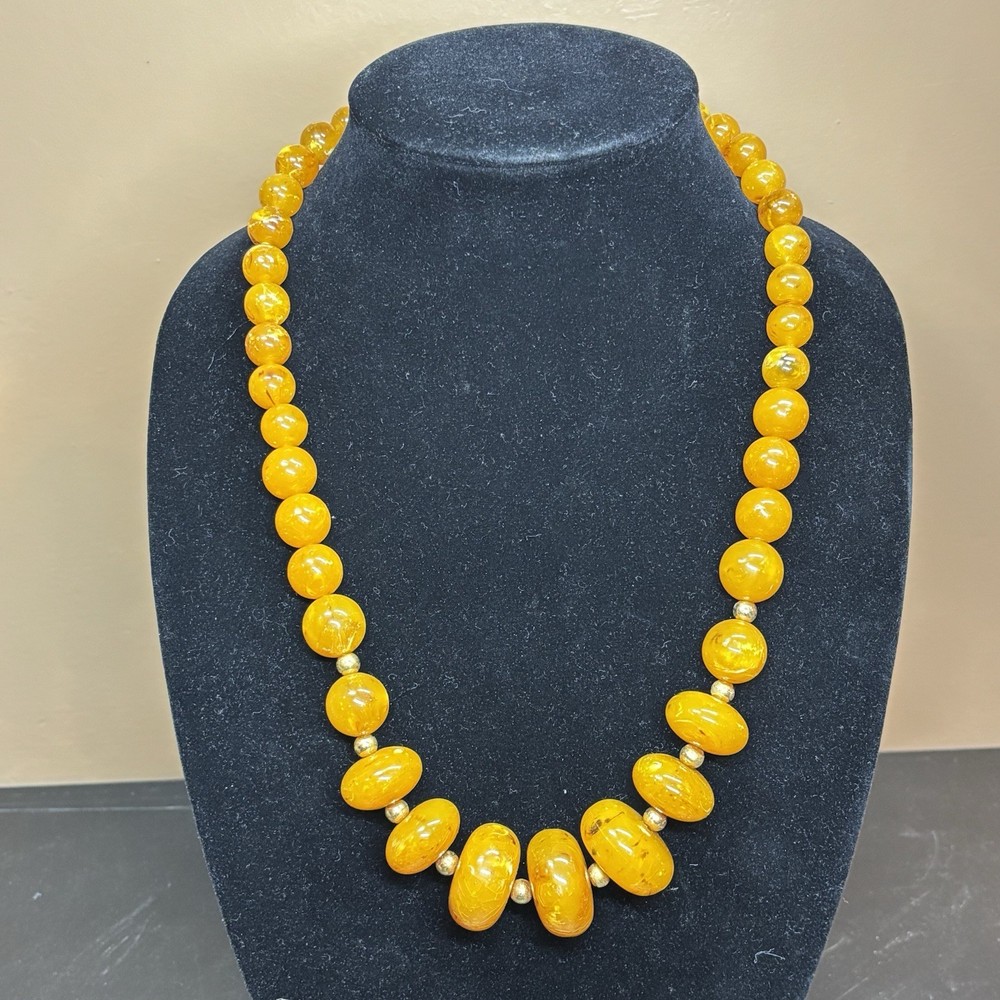 Vtg Amber Yellow W Brown Flecks Beaded Necklace Graduated Chunky MCM