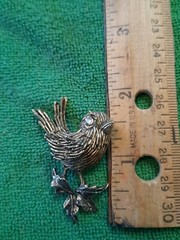 Bird on Leaves Brooch Signed Art Mode Bird Brooch Goldtone Plated 70’s NOS