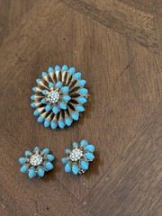 Vintage Mid-Century Turquoise Tone Clear Rhinestone Floral Brooch & Earrings Set