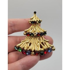 Monet Christmas Tree Pin Brooch Red Signed Collectible Holiday Vintage 1970s