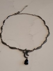 925 Sterling Silver Marcasite Necklace Black Teardrop Pendant Vintage Style 18″