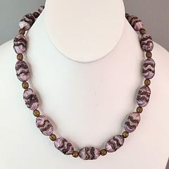 Vintage Art Deco Slag Glass Beaded Necklace Czech Purple Pinched Gold Tone 18″
