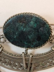 Bohemian Style Brooch Vintage Green Oval Stone Silver Tone 3.5 inches long