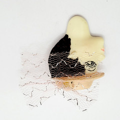 Painted Lady Face with Pink Hat and Veil Short Hair Brunette Vintage Brooch Pin