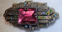 Antique Little Nemo Art Deco Brooch Silvertone Dark Pink Multi Color Rhinestone