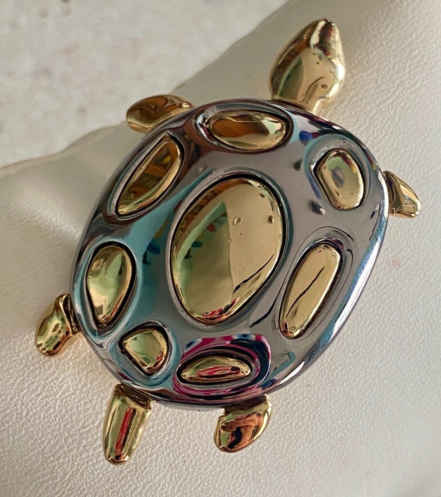 Vintage Turtle Brooch Two Tone Silver & Gold Modern Design 2″
