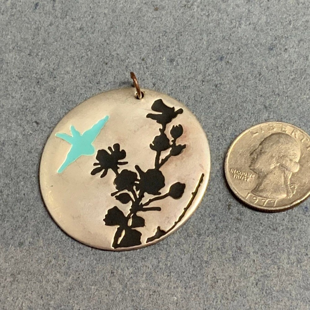 Bird Flowers Round Pendant Silver Black Turquoise Blue Retro BoHo Vintage Nature