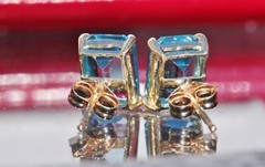 14k yellow gold earrings 3.0ct London blue topaz stud vintage handmade 1.5gr