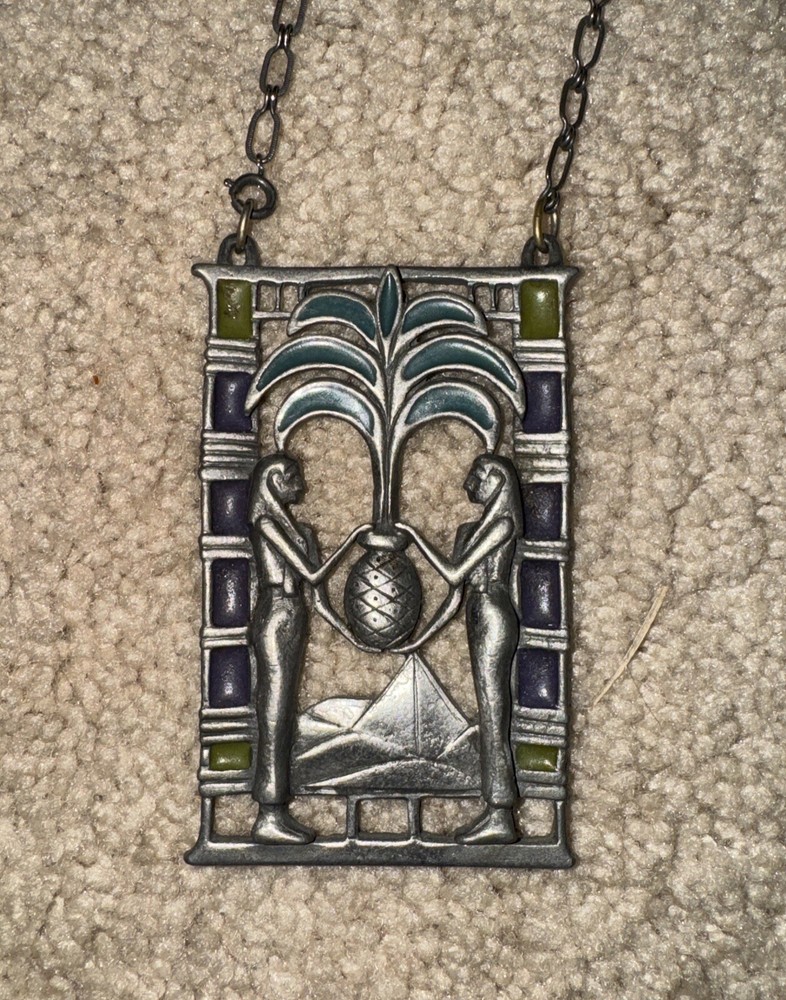 Vintage Pewter Enamel Necklace Egyptian Huge Artisan Handcrafted 83g