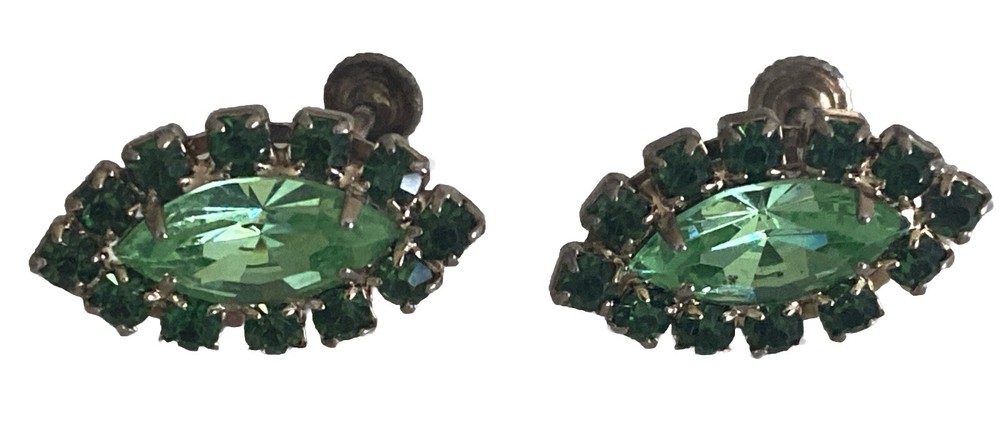 Vtg Vasaline Uranium Glass Screw Back Earings Marquise Shape w/ Green Gemstones