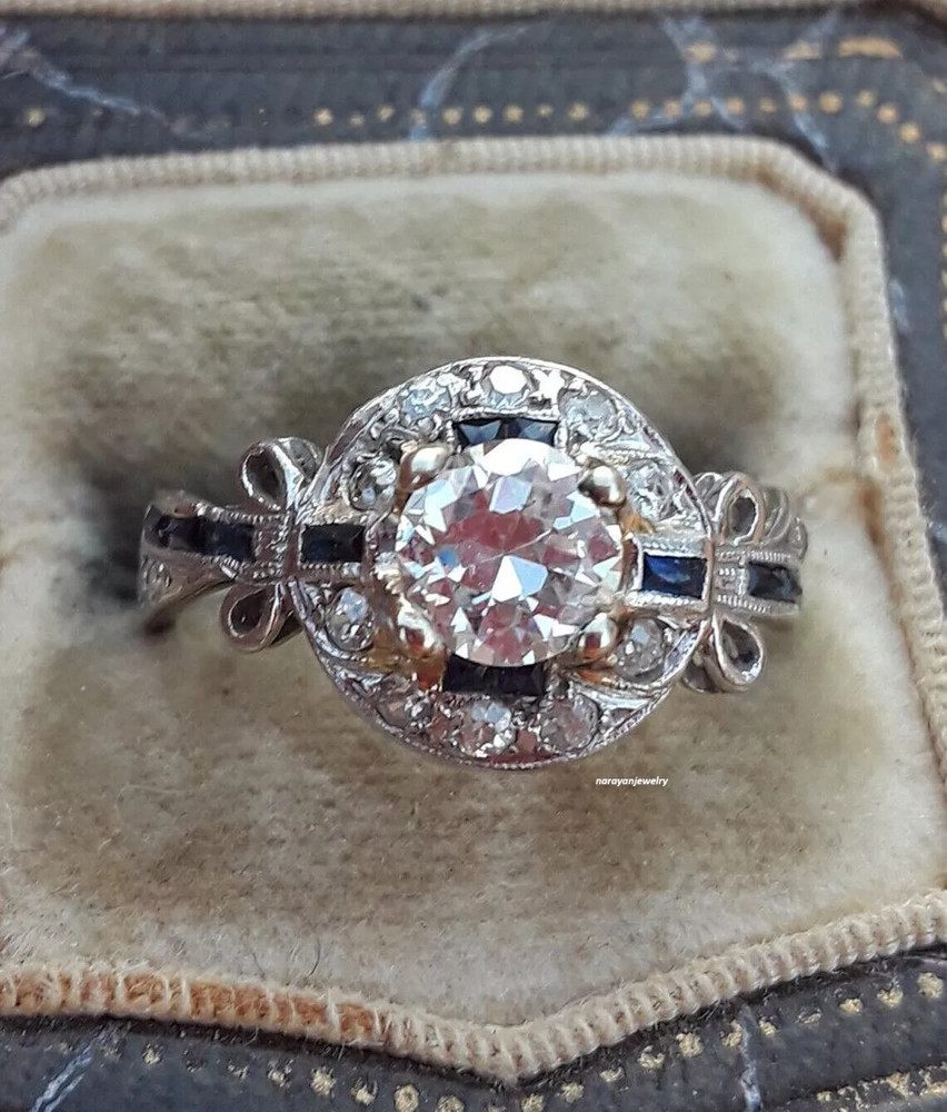 Art Deco 1.50 CT White Round cut CZ & Sapphire Antique Wedding 925 Silver Ring