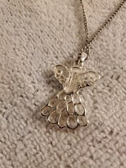 Vintage Costume Necklace w/ Angel Pendant, Teal Heart (12.5 in. Chain)