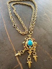 Vintage Celebrity turquoise Blue Pendant Gold rope Twist Chain 30″ Costume Jewel