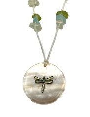 Dragonfly Pendant Abalone MOP Shell Choker Necklace Sea Glass White Green Blue