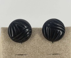 VTG Black Carved Bakelite Button Screw On Earrings MCM Boho