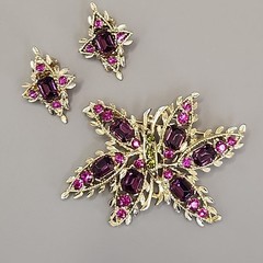 Vintage Rhinestone Butterfly Brooch Clip On Earring Set Pink Purple Gold Tone