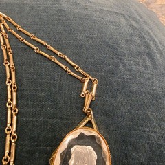 Vintage Reed Barton Glass Cameo Intaglio Tassel Pendant Necklace Gold Tone W Box