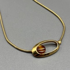 Trifari Necklace Vintage Gold Tone Snake Chain Glass Stone Inlay Oval Modernist