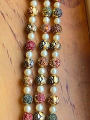 Vintage brass Beaded bracelet Gold Red & Green Metallic Accents & Faux Pearls