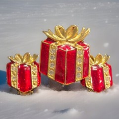 Red Wrapped Present Clip On Earrings And Pin With White Rhinestones M08(03)