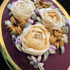 Vintage Silk Ribbon Embroidery Brooch Pin Floral Handmade Oval 1.75”x2.5” 954