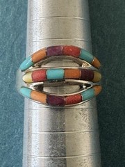 ANTIQUE 1920’s SIGNED FK ZUNI INDIAN .925 STERLING SILVER MULTI STONE INLAY RING