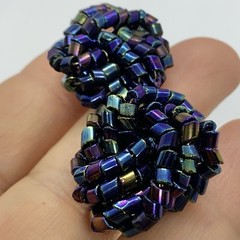 Vtg Iridescent Peacock Purple Blue Bugle Glass Knotted Bead Huggie Earrings Post