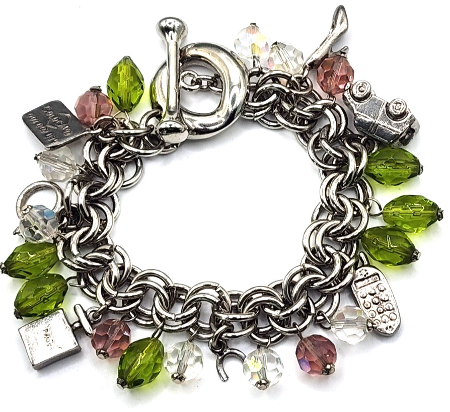 Vintage silvertone & glass charm bracelet with rare car, gold card, cell phone