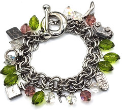 Vintage silvertone & glass charm bracelet with rare car, gold card, cell phone