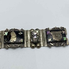 Vintage Mexican 925 Sterling Silver Abalone Aztec Mask Panel Bracelet 7.25″
