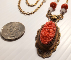 VTG ART DECO Coral Molded Glass Floral Necklace 1930s Glass & Brass 18″ Necklace