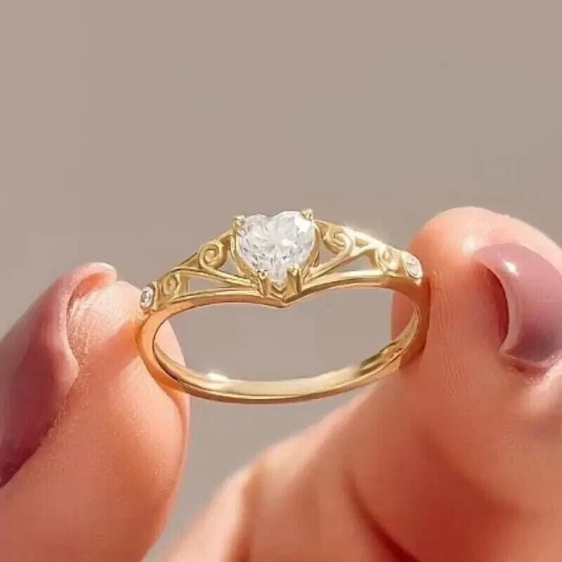 Art Deco Style Heart Cut Lab Created Diamond 14k Gold FN Engagement Women’s Ring