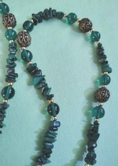 Vintage MALACHITE STONES & Green Glass Beaded Necklace in Silver Tone