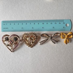Vintage Heart Brooch Lot 8pc Enamel Ceramic Rhinestone Romantic Valentine