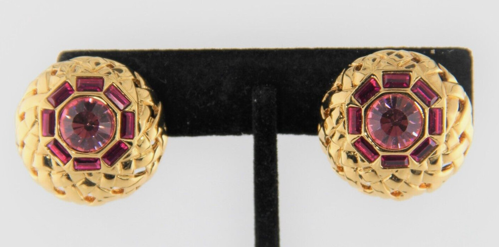 Nolan Miller Gold Tone Pink Crystals Clip Earrings Adjustable Tension, High End