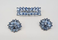 Blue Navette Rhinestone Bar Brooch And Clip On Earrings Open Back