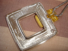 Vintage LR Lady Remington 2″ Silver Gold Square Pin/Pendant Silver Tone Necklace