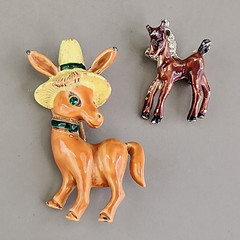 Vintage Enamel Horse Brooch Lot of 2 Brown Donkey With Hat 1 – 1 .75″