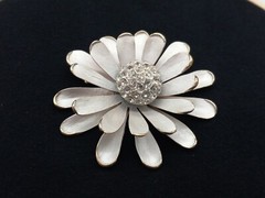 Mid-century GoldTone White Enamel Clear Pave crystals 3D Floral Design Brooch