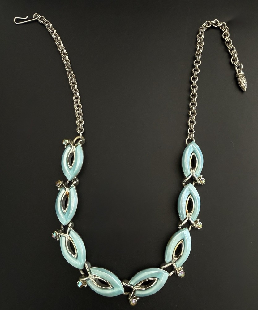 Aqua Blue Thermoset Lucite Choker Necklace Rhinestone Silver Tone Vintage 1950s